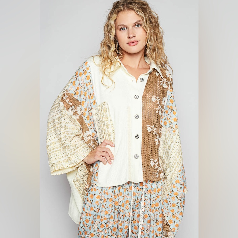POL Mixed Patchwork Button-Down Shirt in Cream, Tan & Light Blue